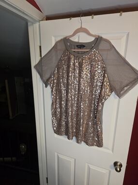 Sequin Mesh Raglan Tee in Taupe by Charter Club